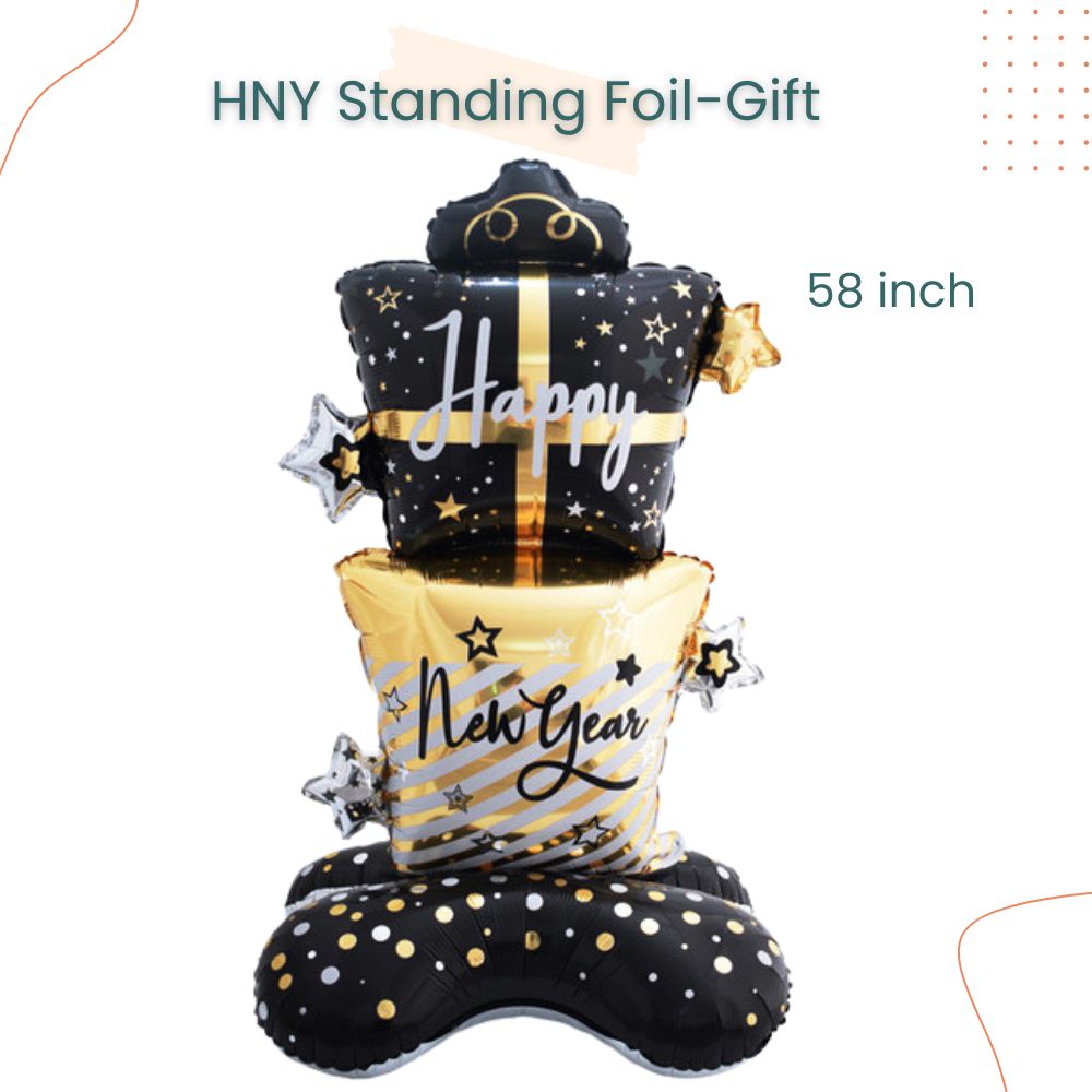 Happy New Year Theme Black Gold Gift Standing Foil Balloon