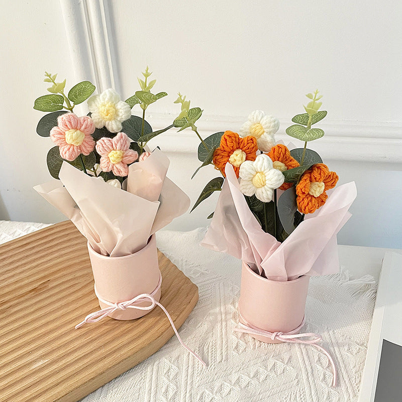 Handmade Knitted Flower Bouquet with Gift Bag and Light