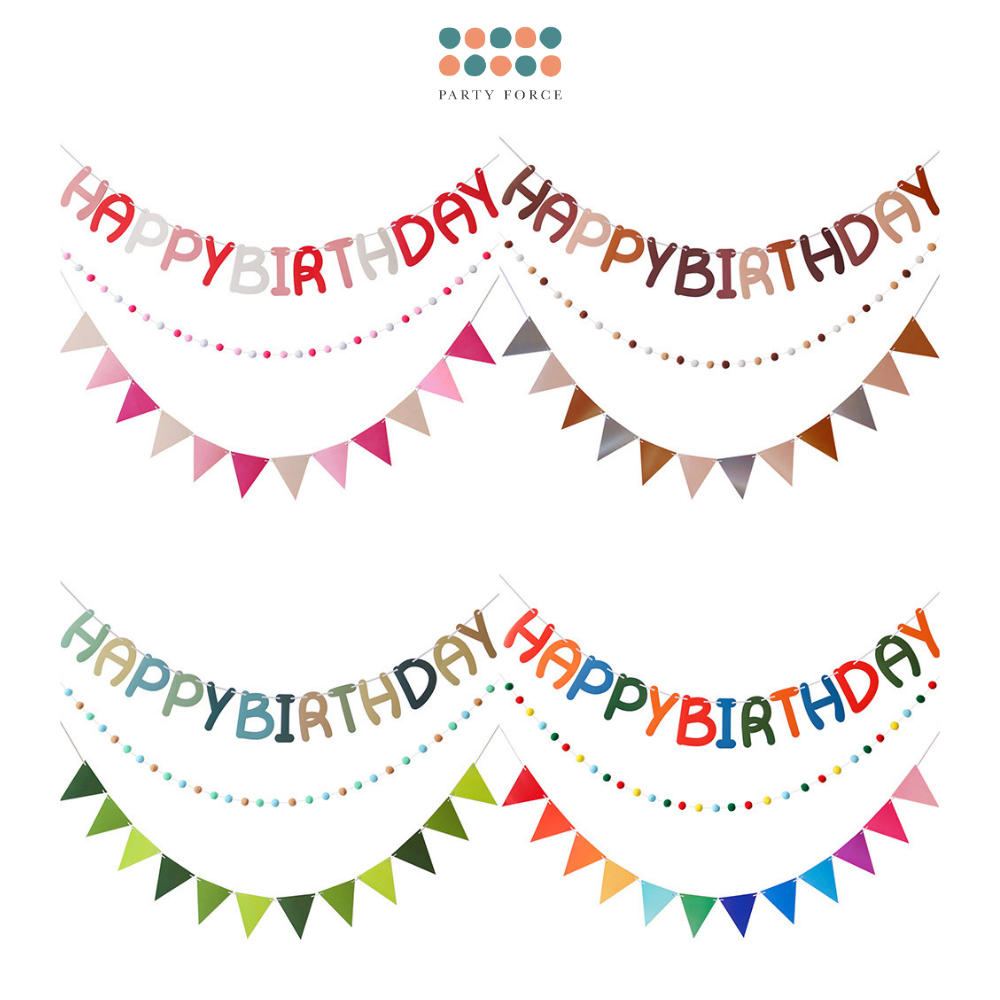 Happy Birthday Banner Set Pompom Triangle Flag Bunting for Party Event Decoration