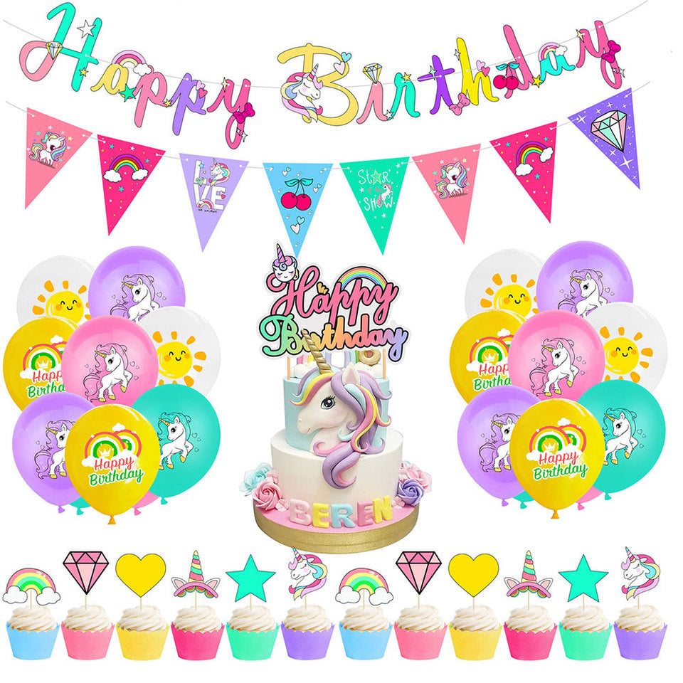 Unicorn Birthday Pull Flag Banner Balloon Pack