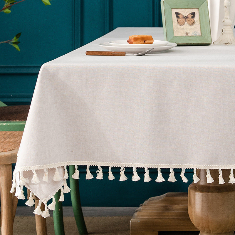 Japanese Style Tassel Cotton Linen Tablecloth - Beige