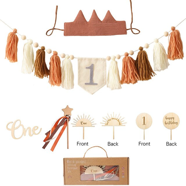 6pcs Unisex 1st Birthday Banner Brown Set