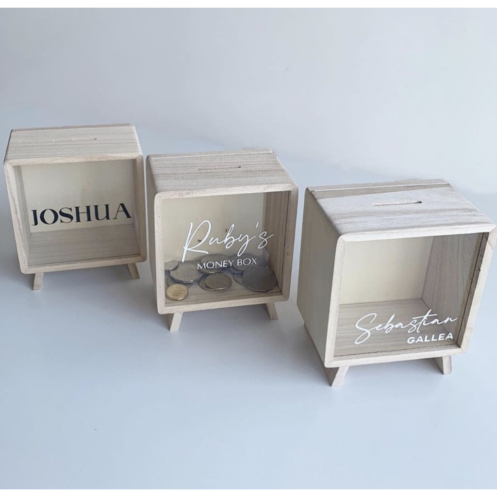 Wooden Square Piggy Bank with customised personalised name option