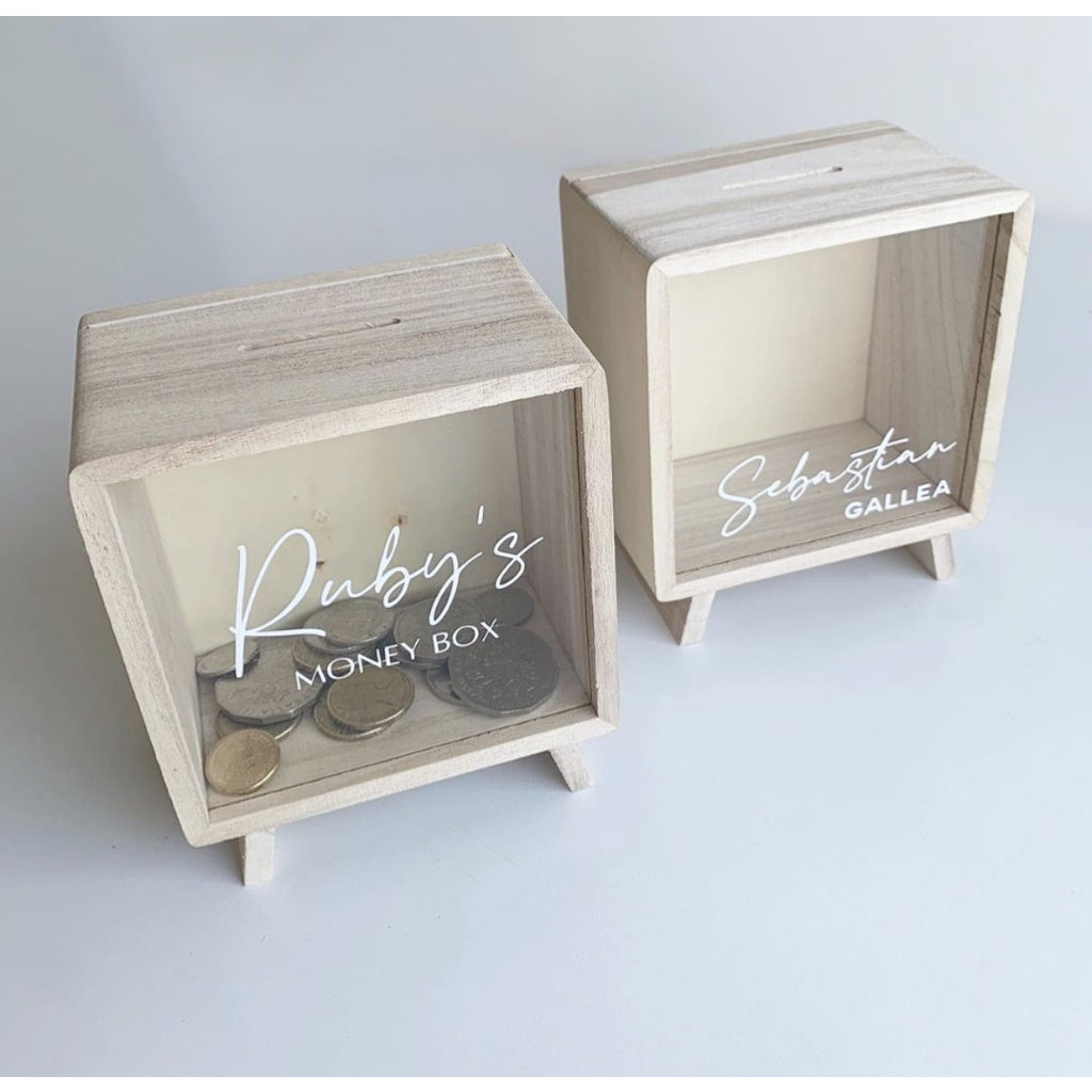 Wooden Square Piggy Bank with customised personalised name option