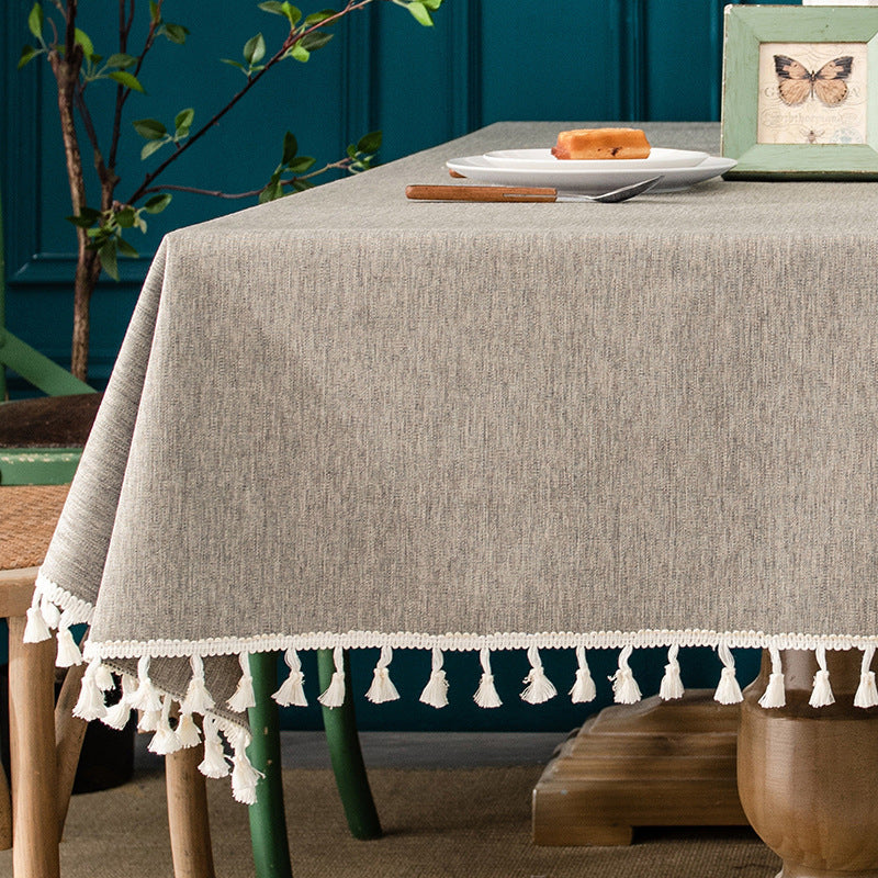 Japanese Style Tassel Cotton Linen Tablecloth - Light Coffee