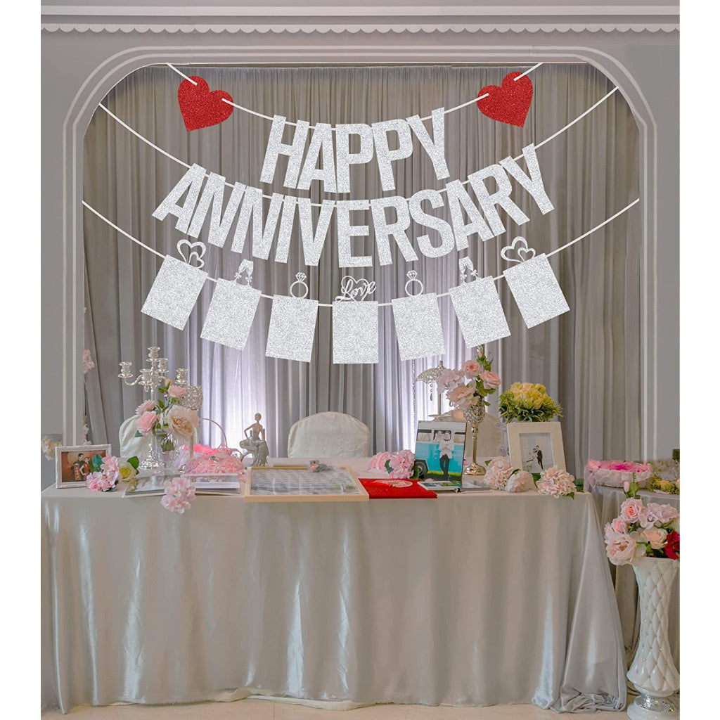 Glitter Silver Happy Anniversary Banner with Photo Garland Banner