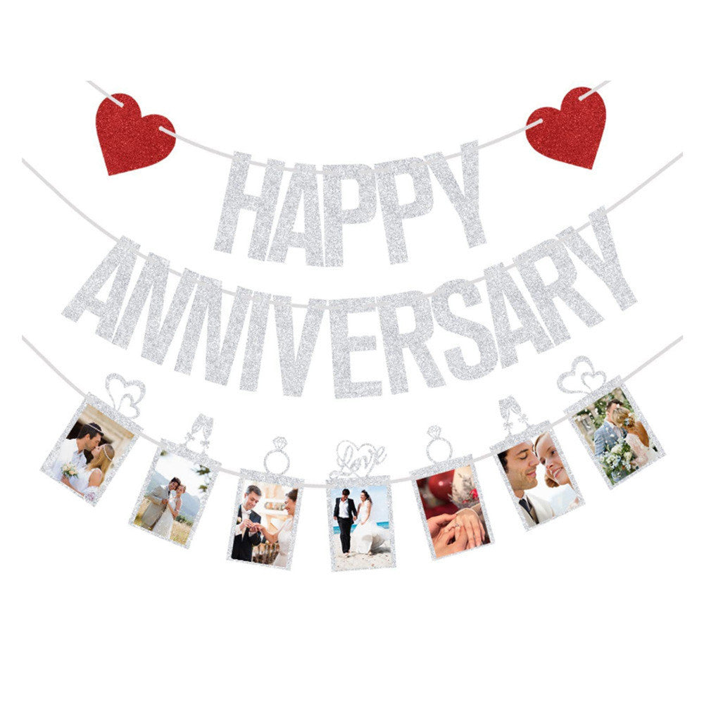 Glitter Silver Happy Anniversary Banner with Photo Garland Banner