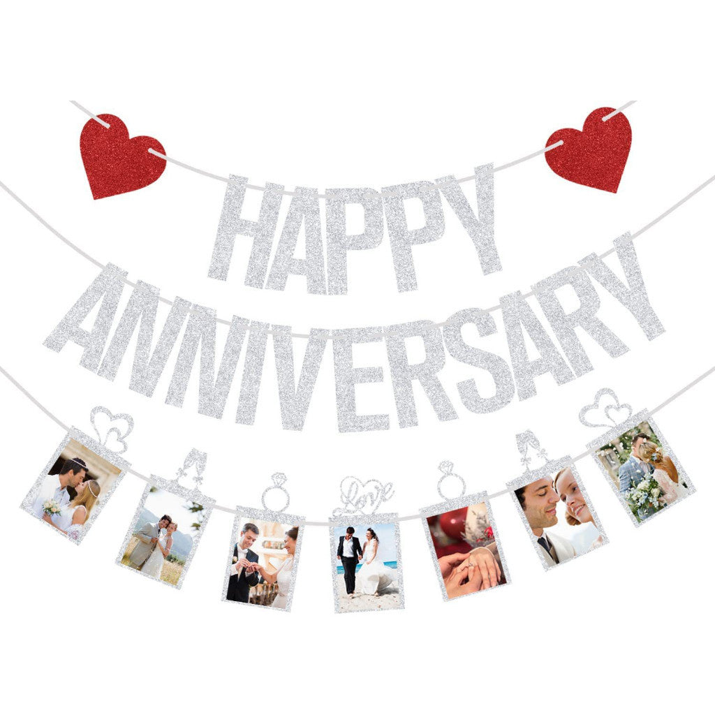 Glitter Silver Happy Anniversary Banner with Photo Garland Banner