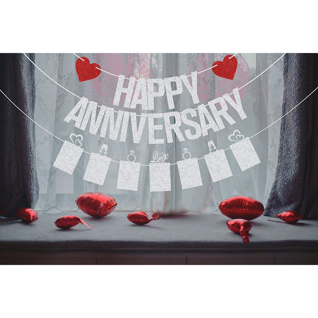 Glitter Silver Happy Anniversary Banner with Photo Garland Banner