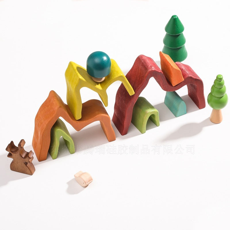 Wooden Tree Mini People 14pcs Toys Set and Wooden Rainbow Mountain Toys Set