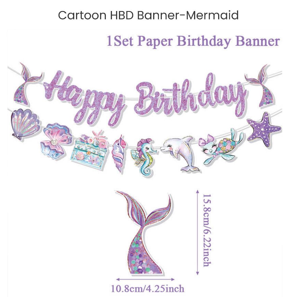 Kids Cartoon HBD Banner Mermaid Animal Dinosaur Construction Banner for Birthday Decoration