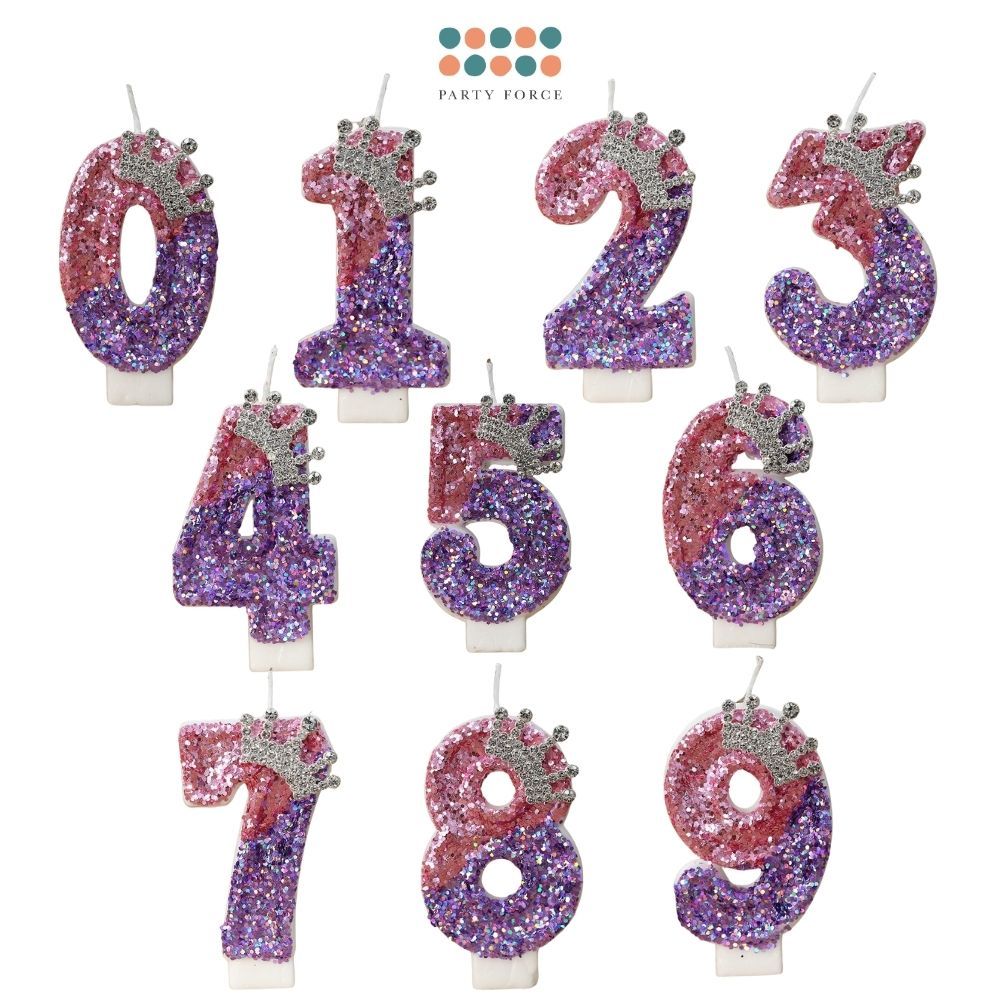 Premium Purple Pink Crown Glitter Fancy Number Candle Happy Birthday Candle Cake Decoration