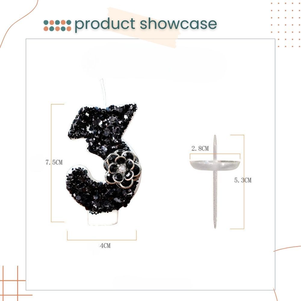 Premium Black Glitter Flower Fancy Number Candle Happy Birthday Candle Cake Decoration