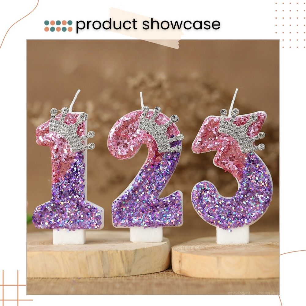Premium Purple Pink Crown Glitter Fancy Number Candle Happy Birthday Candle Cake Decoration