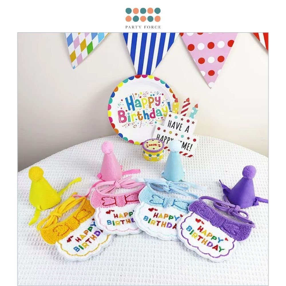 Korea Style Pets Dog Cat Colorful Birthday Scarft Hat Set for Pet's Birthday Costume