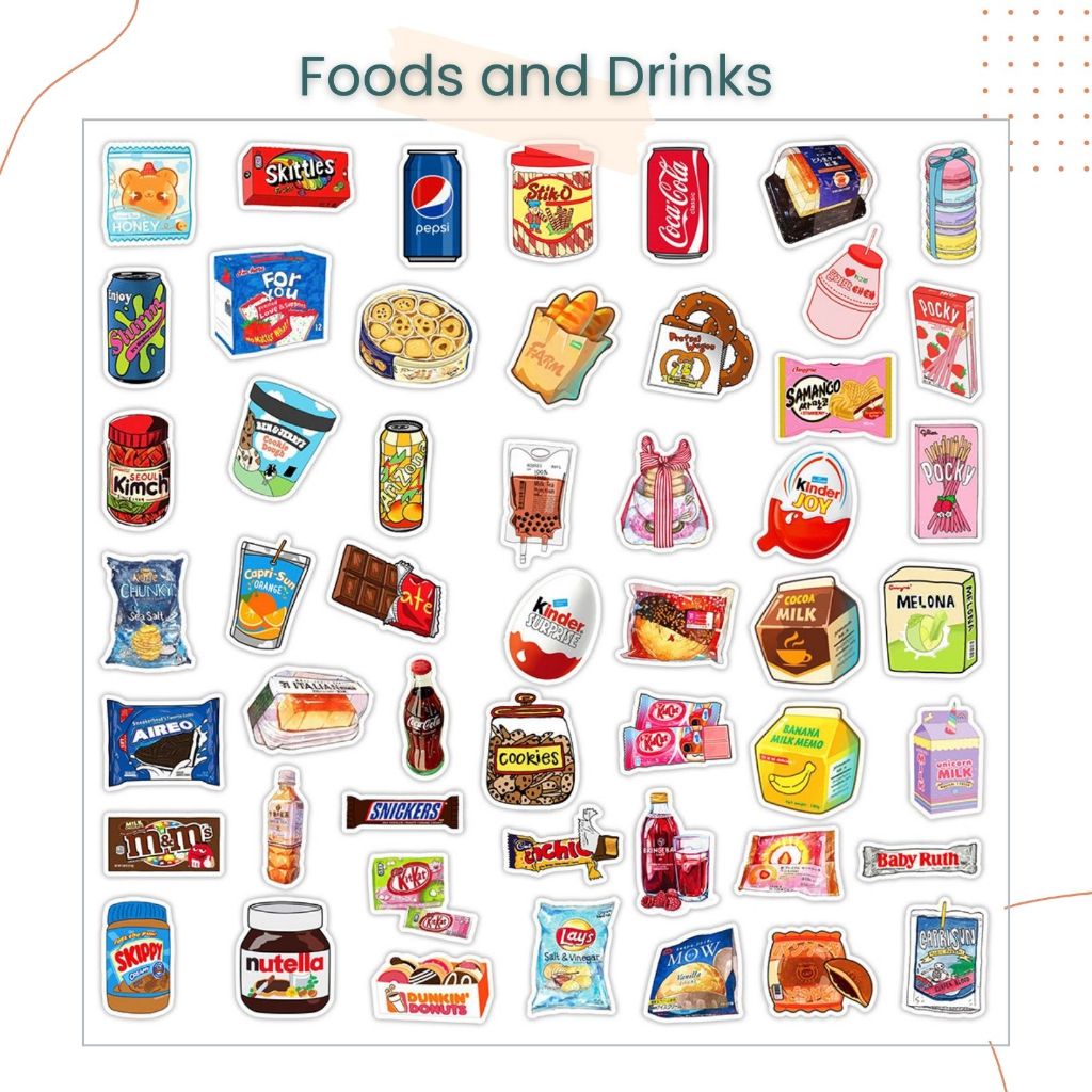 50pcs Snack Food and Drinks Stickers Cute for Kids Birthday Goodie Bag Gift