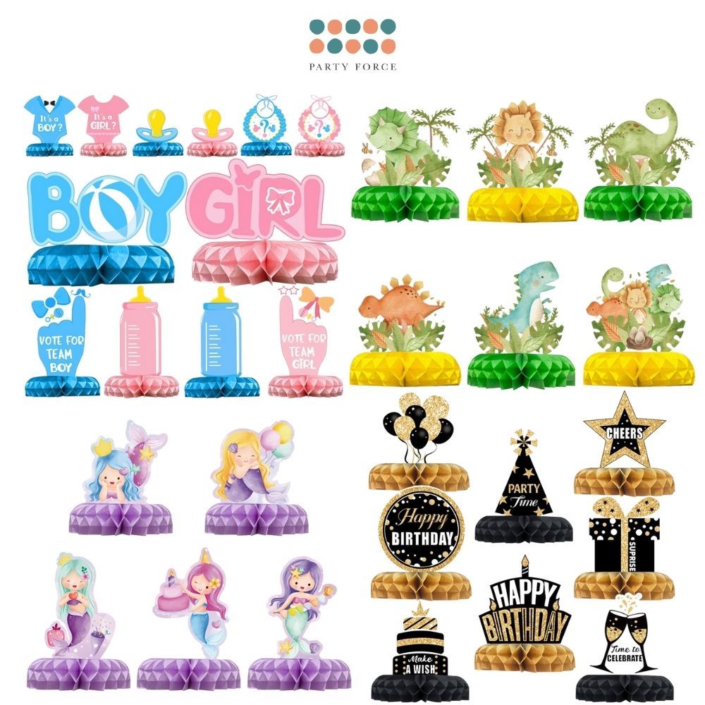 Gender Reveal Theme Black Gold HBD Theme Mermaid Dinosaur Animal Theme Table Décor Honeycomb for Birthday Party