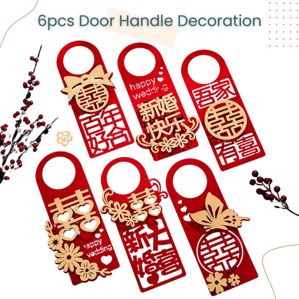 囍 Chinese Red Theme Door Handle Hanging Decoration 6pcs Set for Chinese Tradisional Wedding Decoration