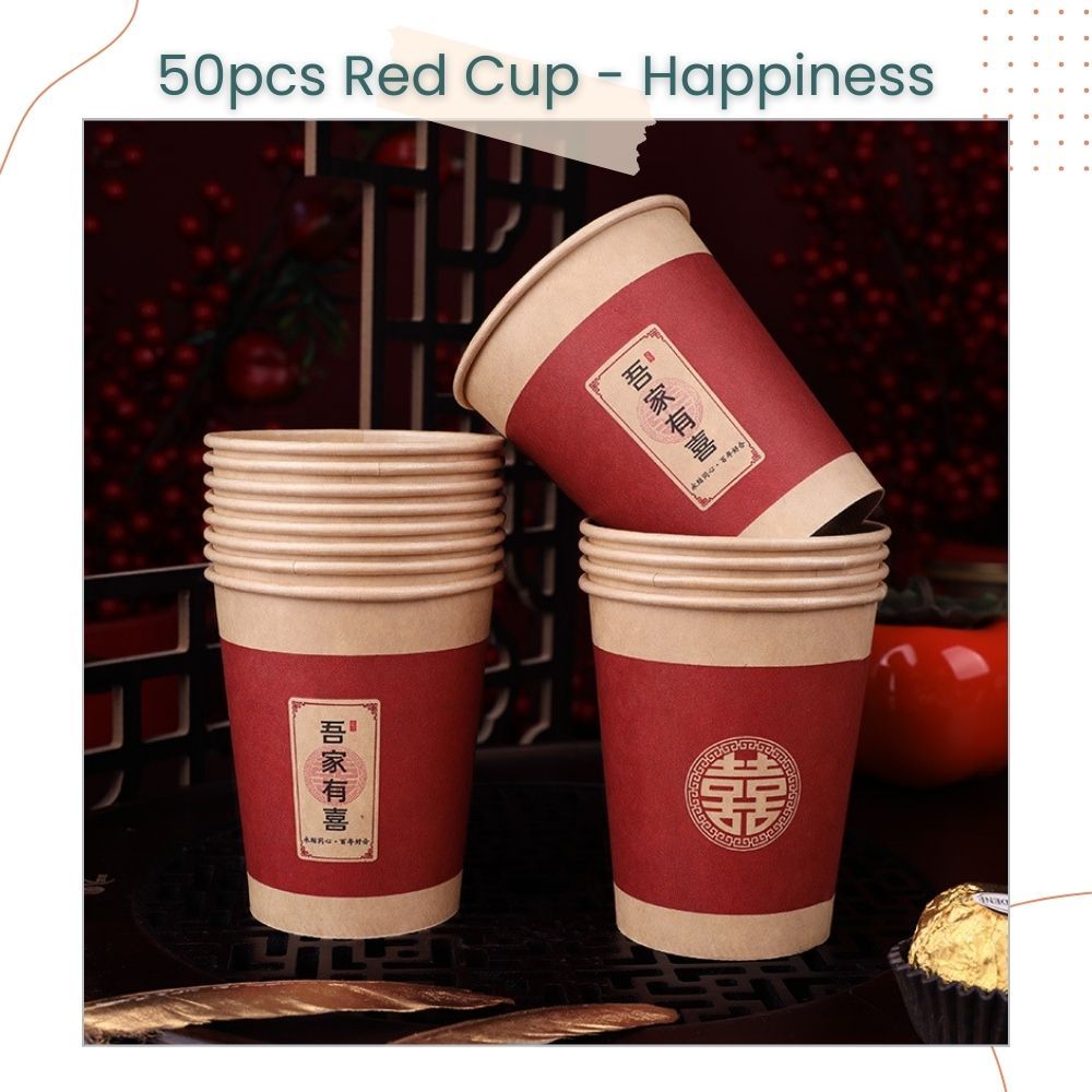 囍 Chinese Red Theme Happiness Happy Wedding Disposable Paper Cup 50pcs Set for Wedding Party