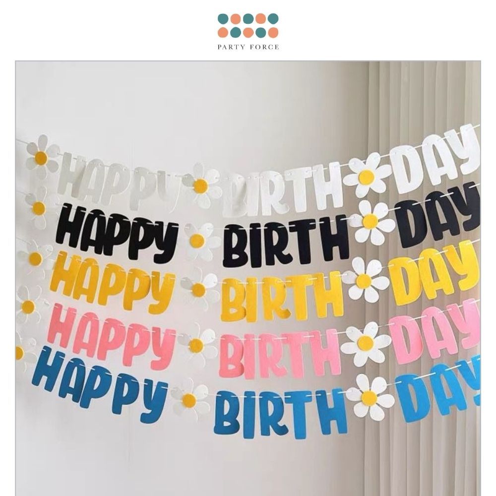 Korean Daisy Theme Happy birthday Banner Garland Felt Fabric Banner for Birthday Decoration