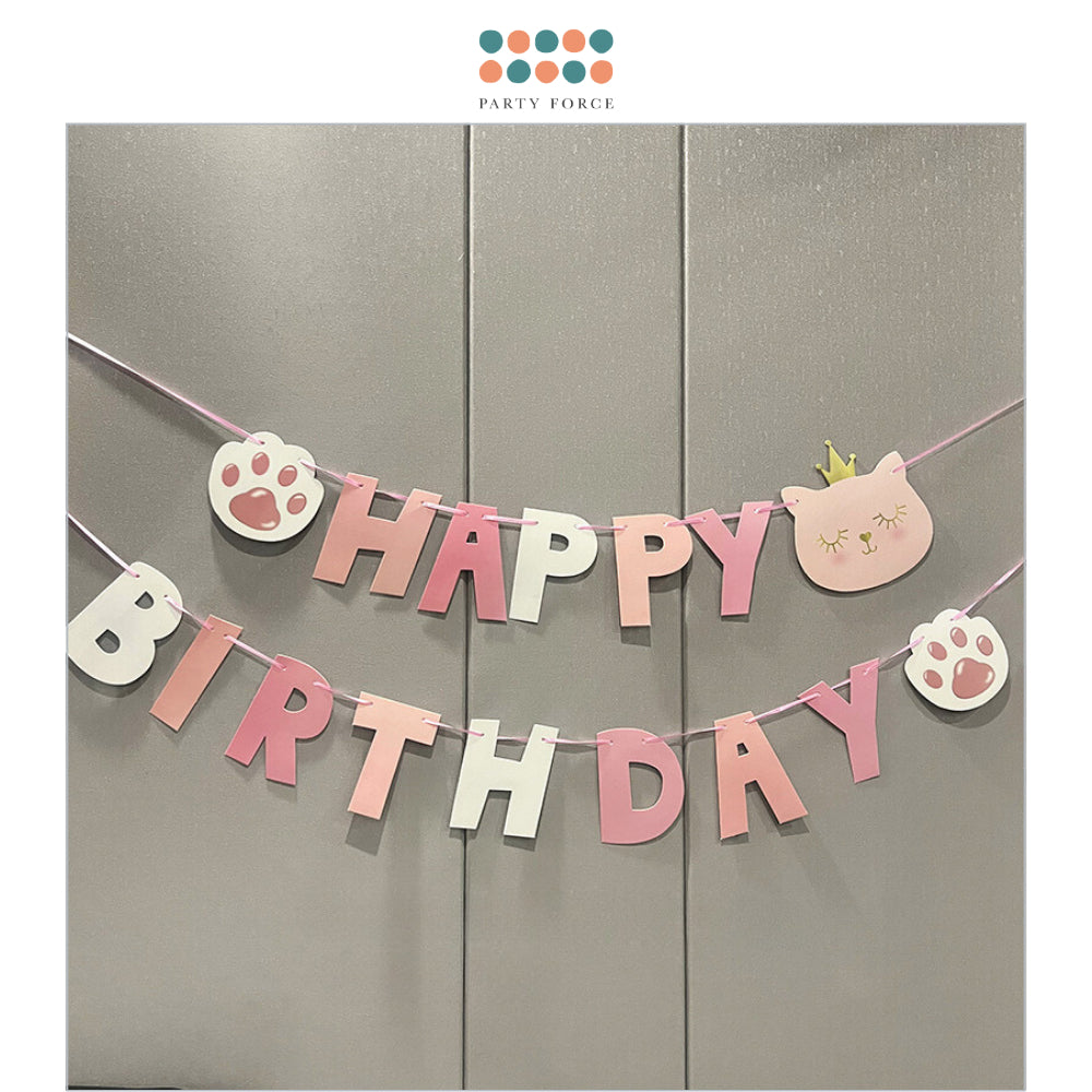 Kitty Happy Birthday Pink Crown Cat Banner Decoration for Birthday Party