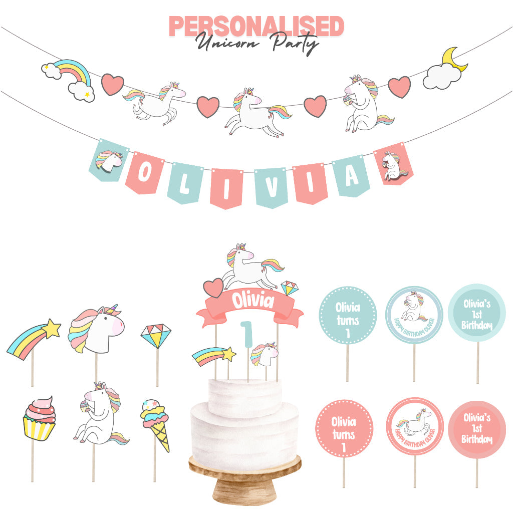 Personalised Magical Unicorn Party Decoration Personalized Birthday Banner Cake Topper Cupcake Topper Customise