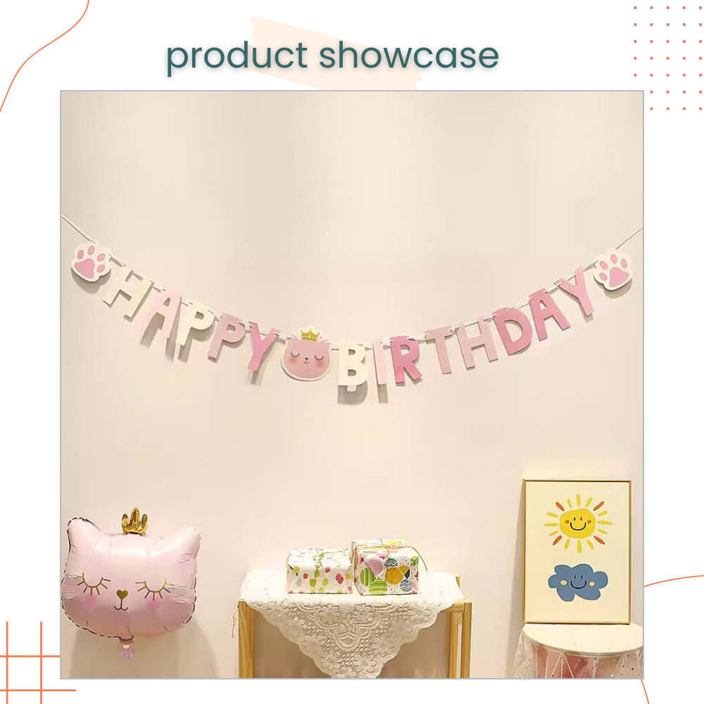 Kitty Happy Birthday Pink Crown Cat Banner Decoration for Birthday Party