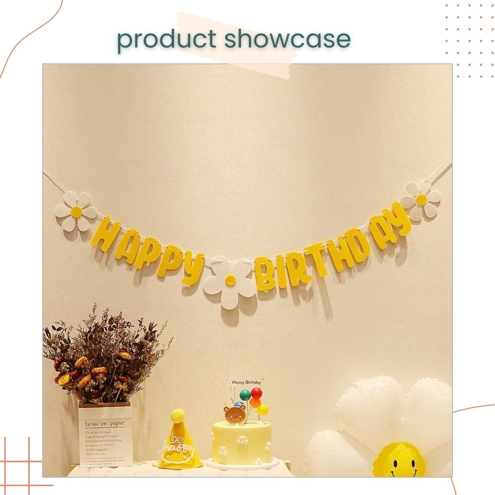 Korean Daisy Theme Happy birthday Banner Garland Felt Fabric Banner for Birthday Decoration