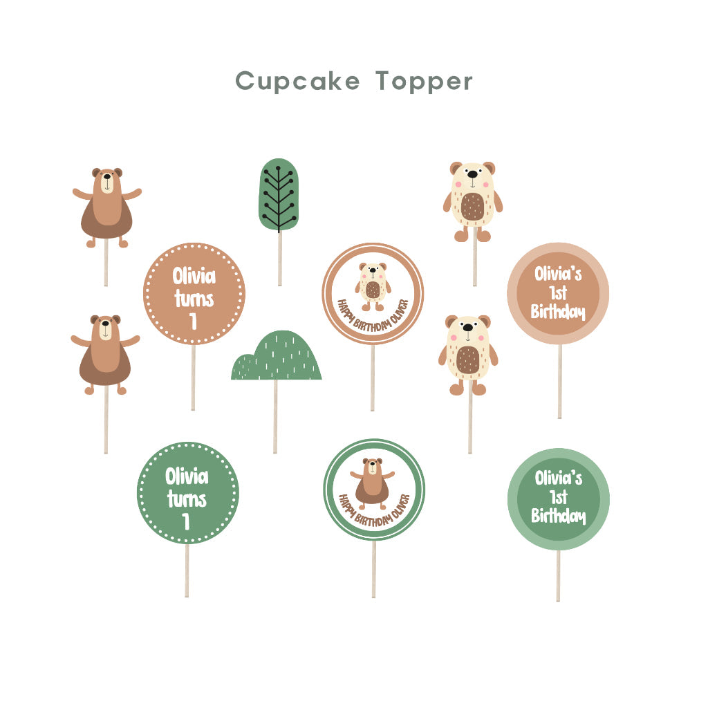 Personalised Forest Bear Party Decoration Personalized Birthday Banner Cake Topper Cupcake Topper Customise