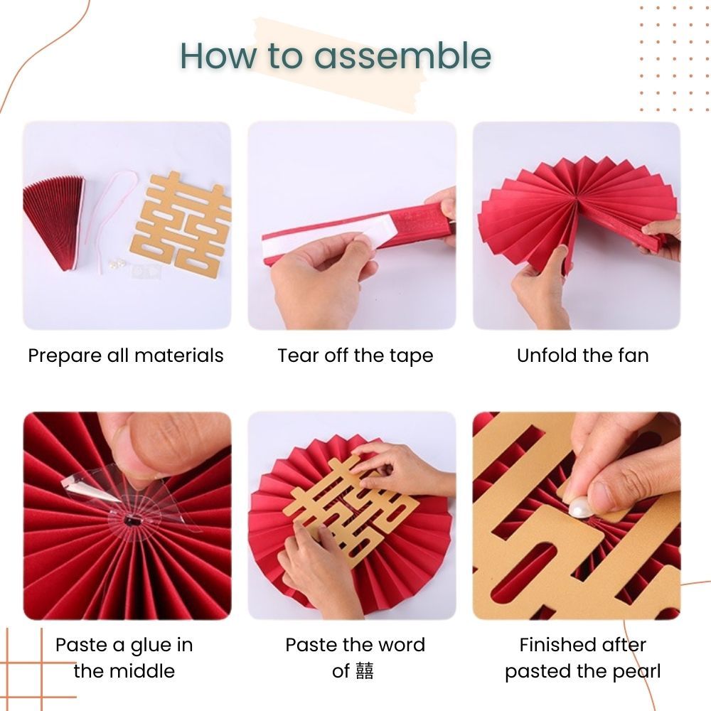 囍 Chinese Red Theme Happiness Party Fan 6pcs Set for Chinese Tradisional Wedding Decoration