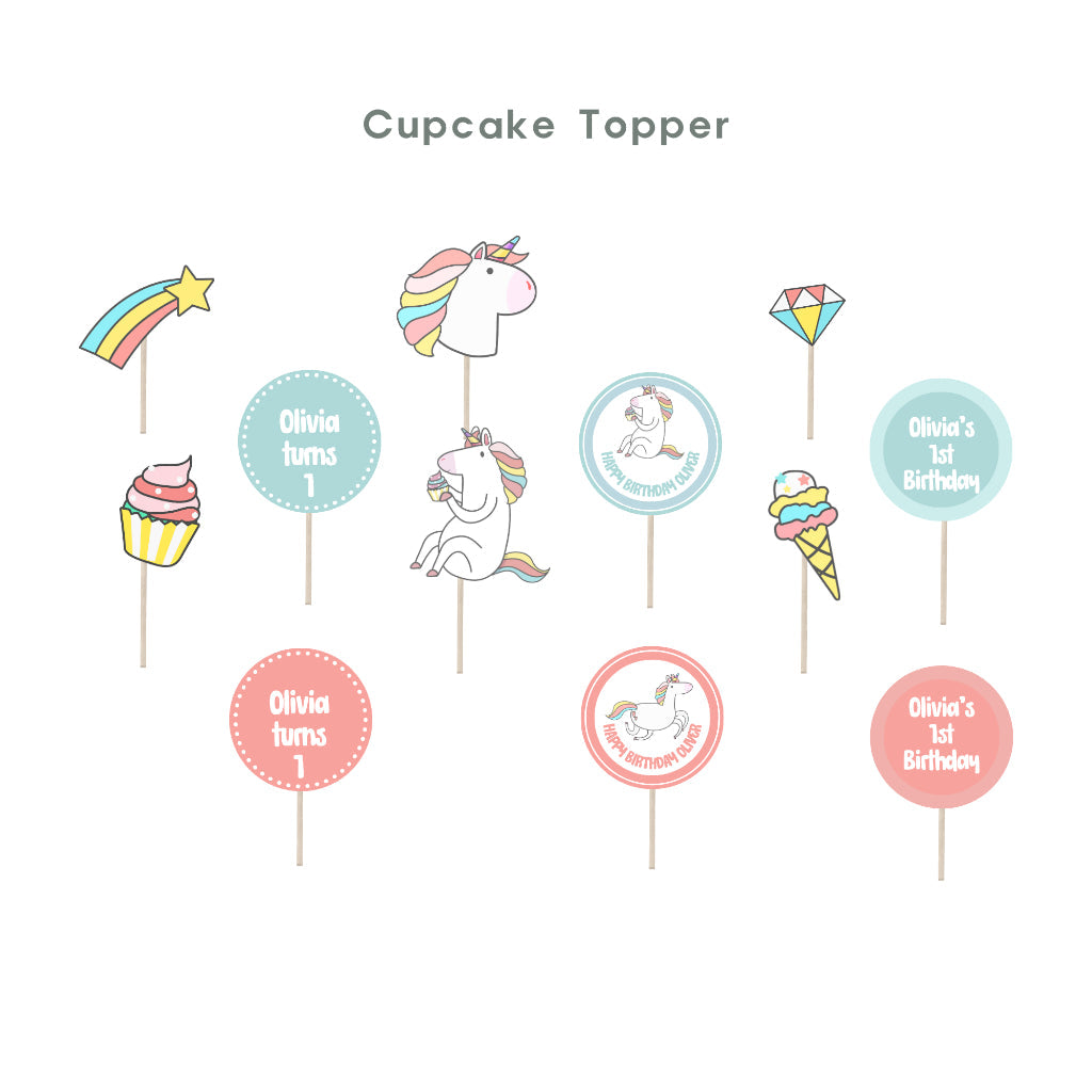 Personalised Magical Unicorn Party Decoration Personalized Birthday Banner Cake Topper Cupcake Topper Customise