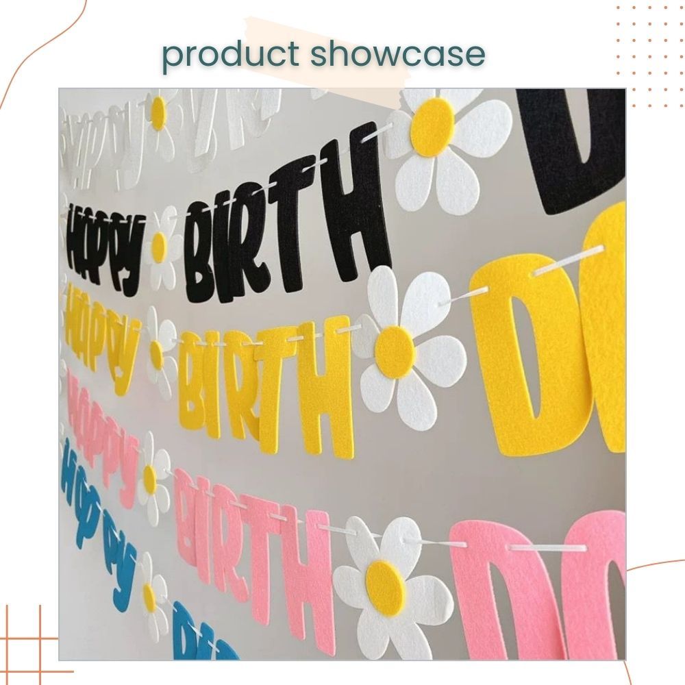 Korean Daisy Theme Happy birthday Banner Garland Felt Fabric Banner for Birthday Decoration