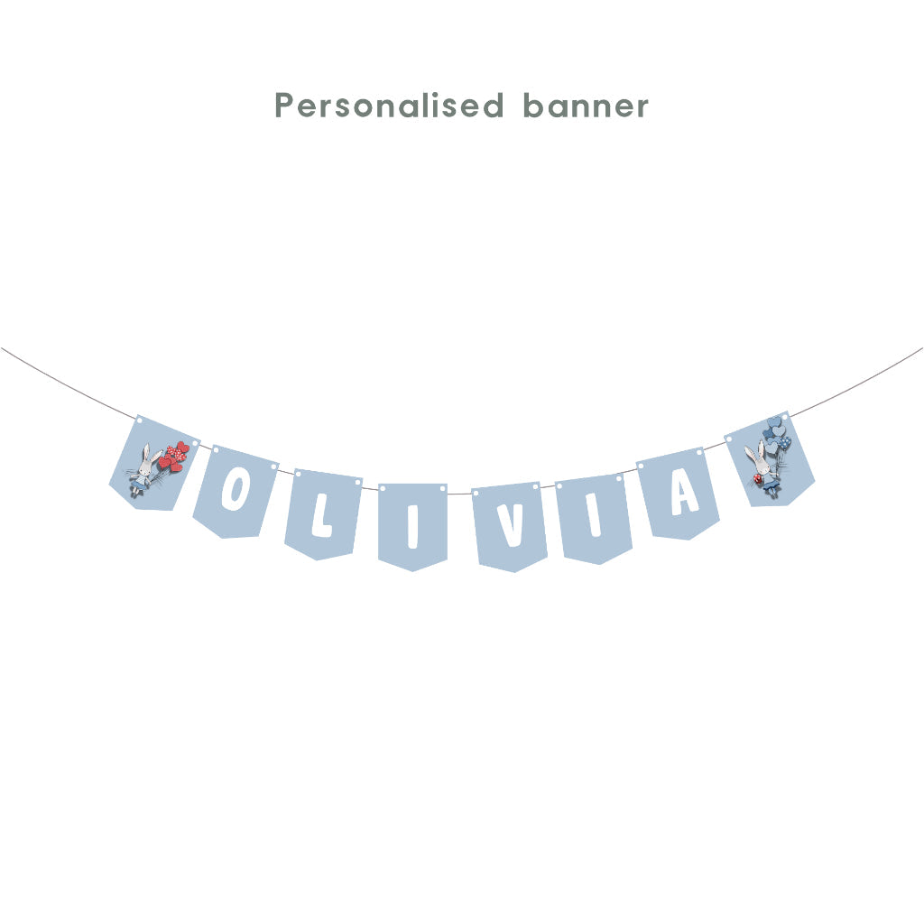 Personalised Bunny Rabbit Party Decoration Personalized Birthday Banner Cake Topper Cupcake Topper Customise