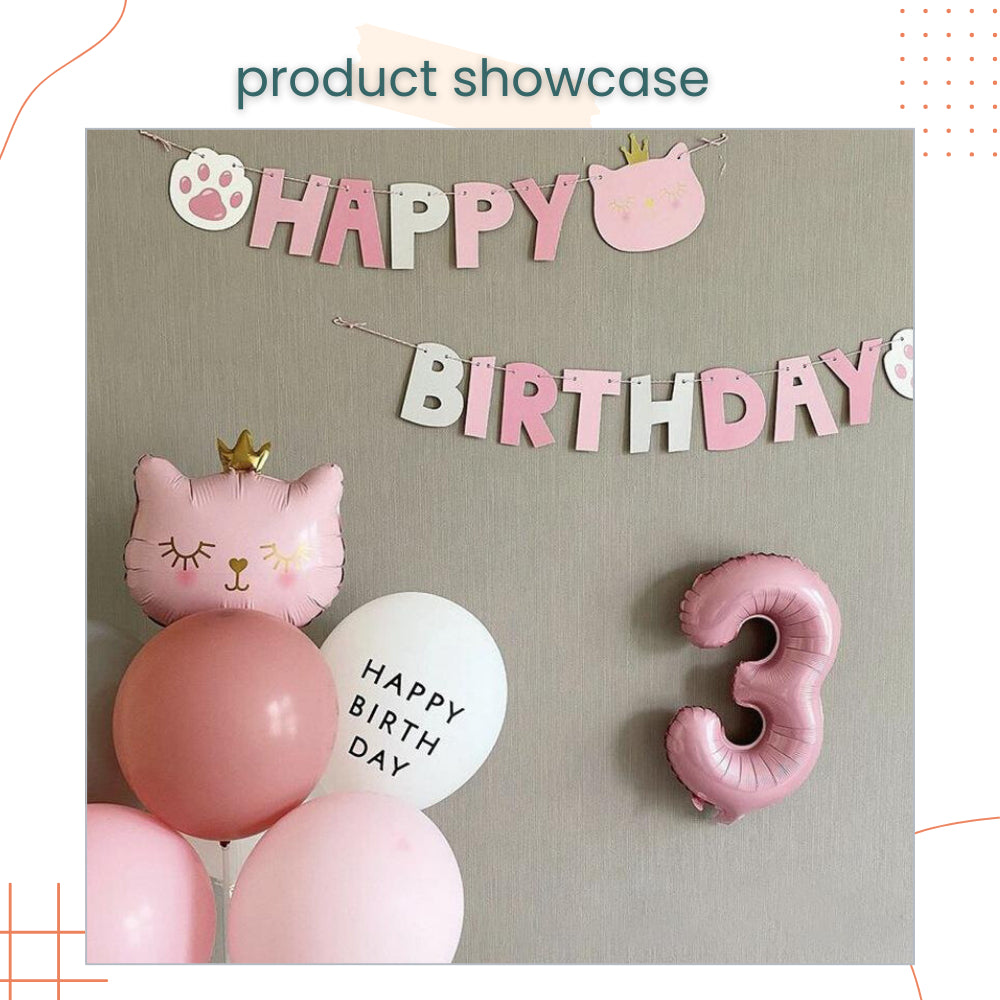 Kitty Happy Birthday Pink Crown Cat Banner Decoration for Birthday Party