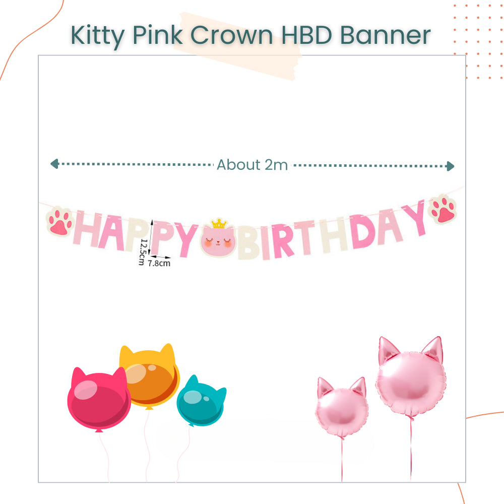 Kitty Happy Birthday Pink Crown Cat Banner Decoration for Birthday Party