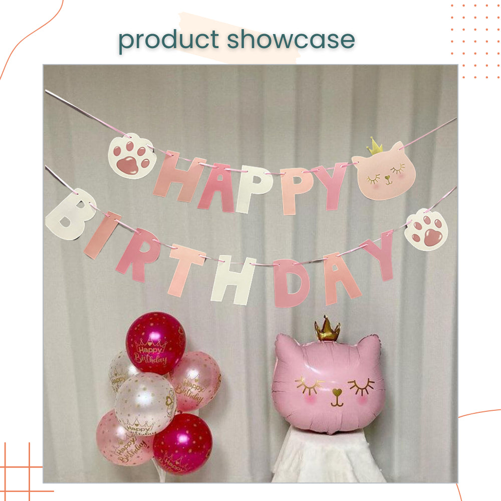 Kitty Happy Birthday Pink Crown Cat Banner Decoration for Birthday Party