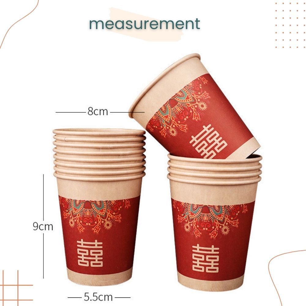 囍 Chinese Red Theme Happiness Happy Wedding Disposable Paper Cup 50pcs Set for Wedding Party