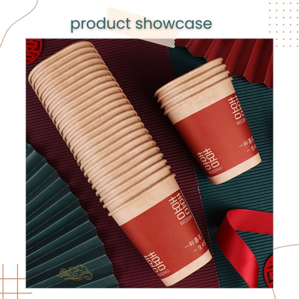 囍 Chinese Red Theme Happiness Happy Wedding Disposable Paper Cup 50pcs Set for Wedding Party