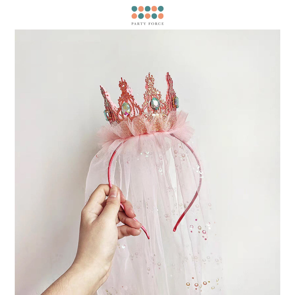 Princess Diamond Veil Headband Tiara Party Hat for Birthday Party Decoration