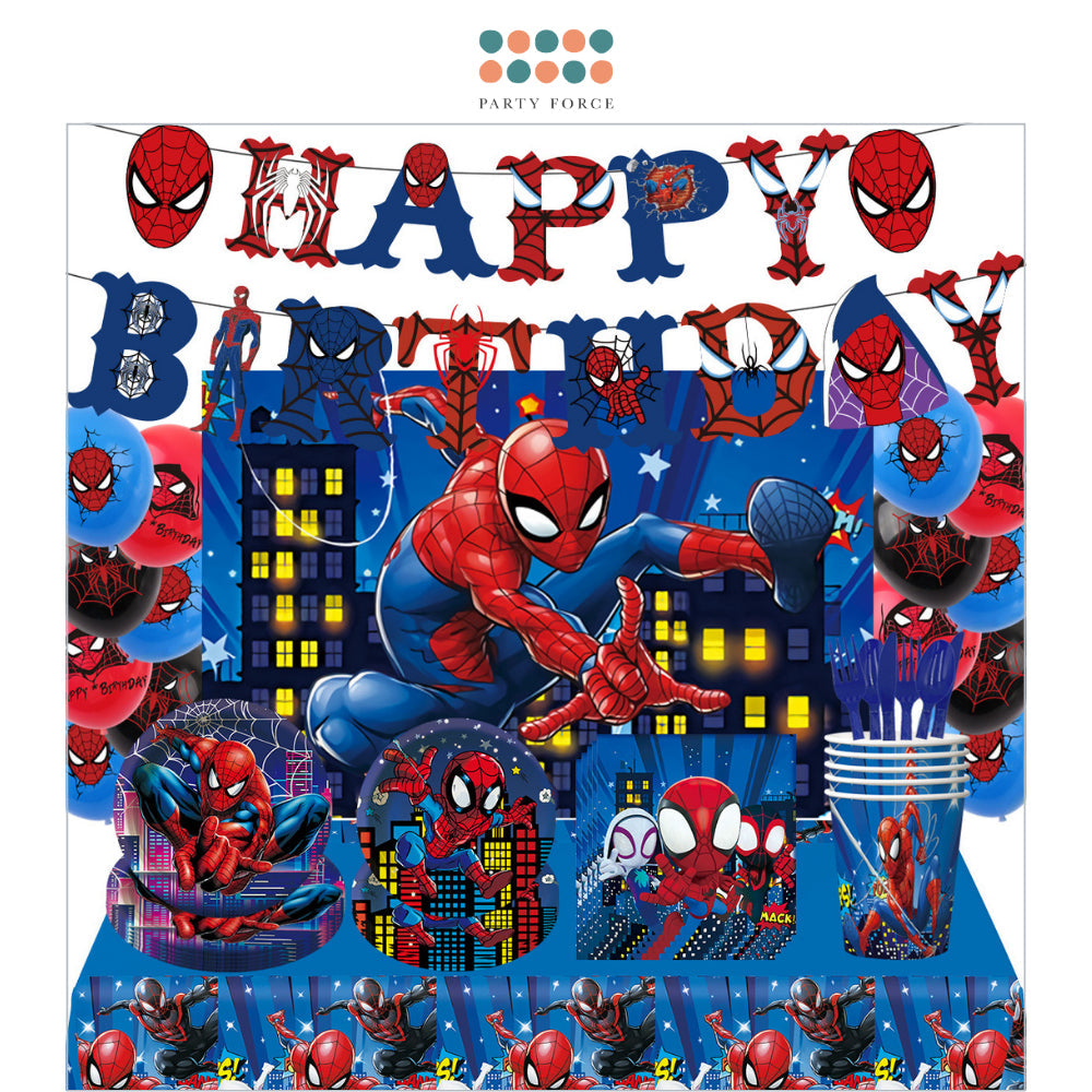 Spiderman Theme Disposable Tableware Plates Cups Cutlery Banner Balloon for Birthday Party