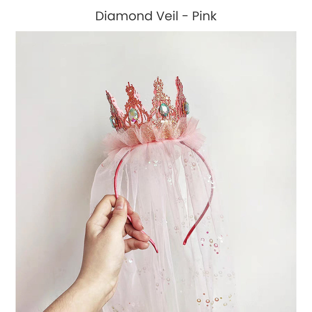 Princess Diamond Veil Headband Tiara Party Hat for Birthday Party Decoration