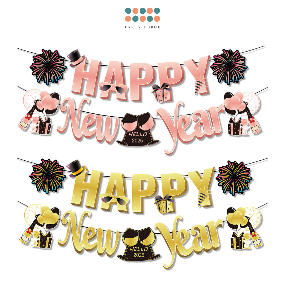 Happy New Year Decorative Rose Gold Gold Hello 2025 Banner for New Year Celebrations Parties