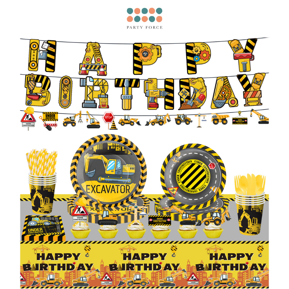 Construction Theme Disposable Tableware Banner Balloon Birthday Decoration for Party Events