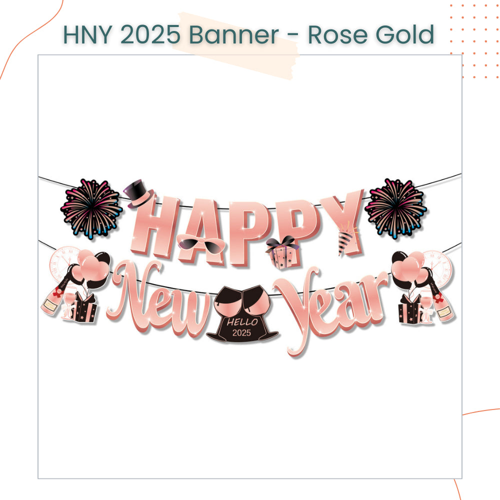 Happy New Year Decorative Rose Gold Gold Hello 2025 Banner for New Year Celebrations Parties