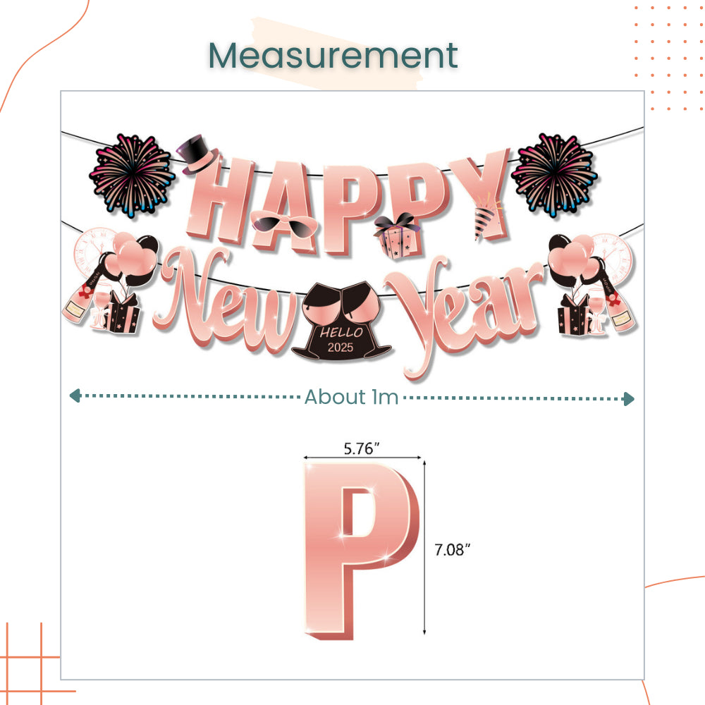 Happy New Year Decorative Rose Gold Gold Hello 2025 Banner for New Year Celebrations Parties