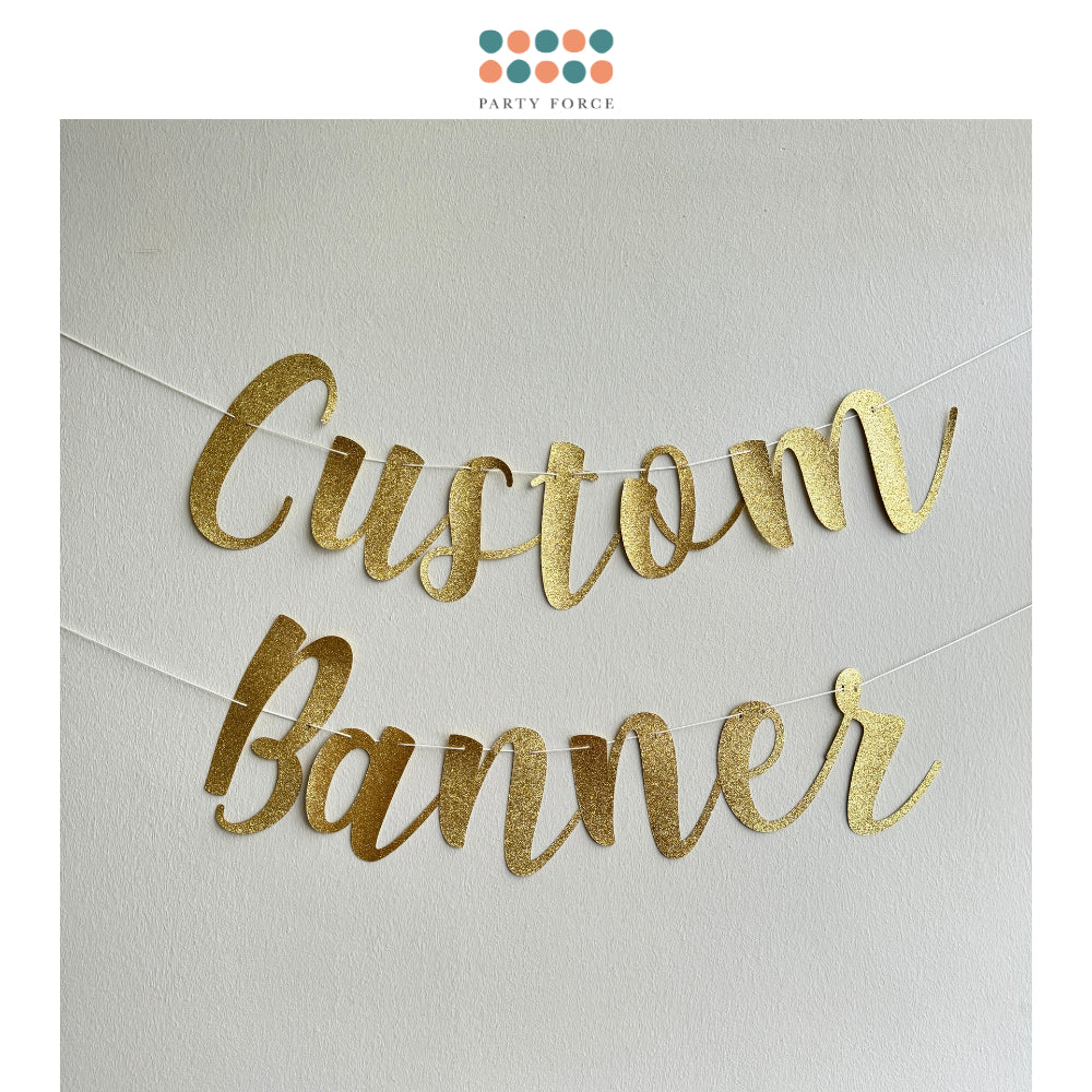 Happy Birthday Banner Custom Cursive Glitter Gold Script Font Banner