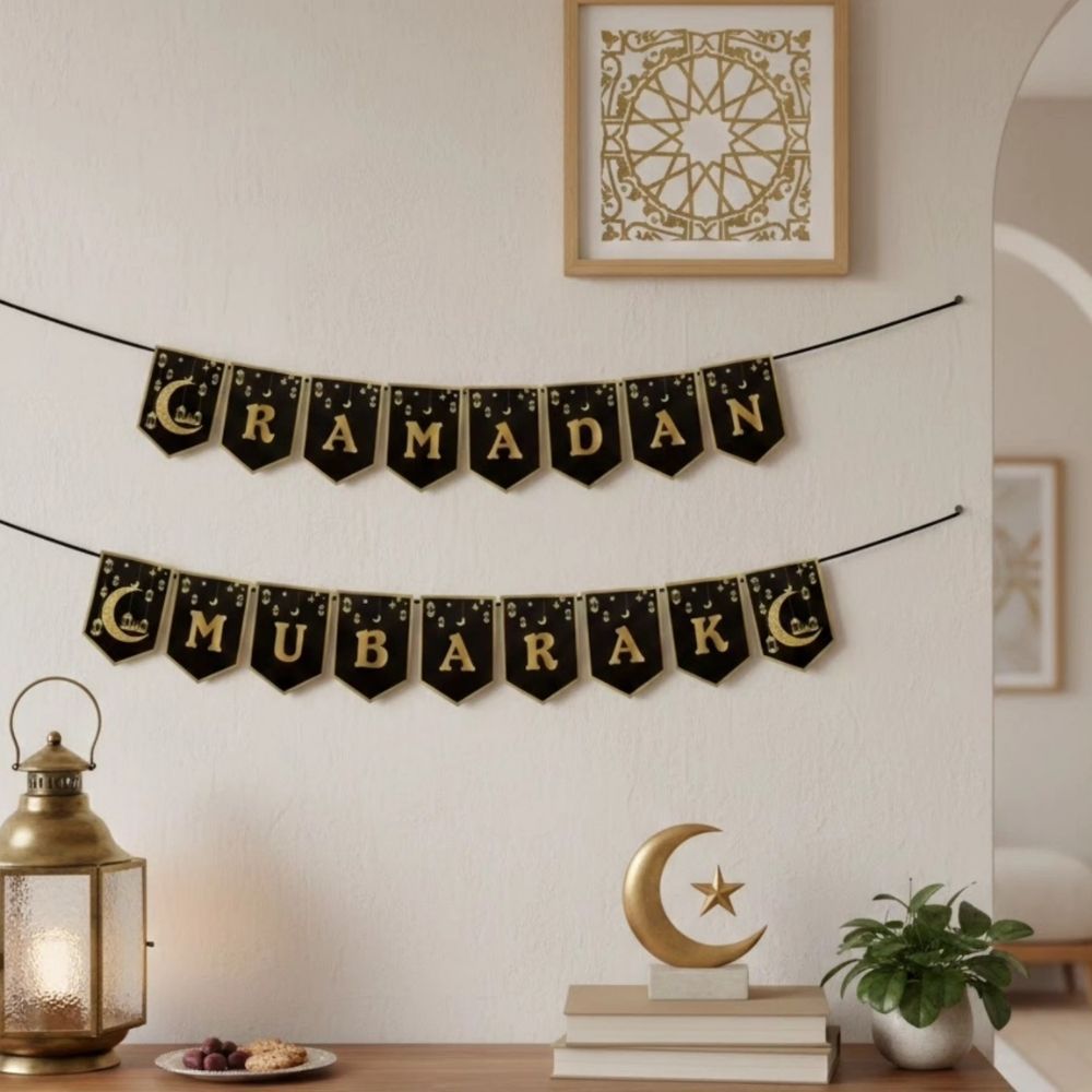 Hari Raya Eid Mubarak Banner Ramadan Wooden Cardstock Burlap Raya Hanging Banner Wall Decoration