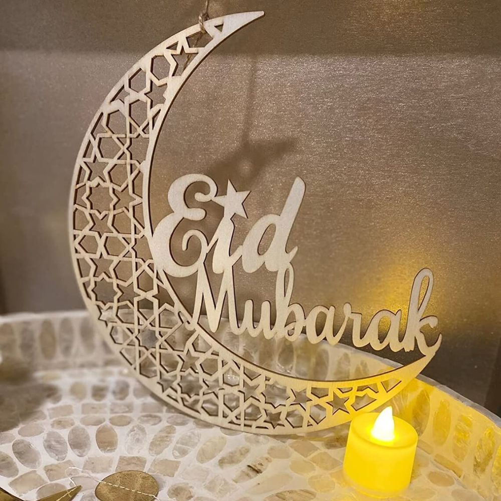 Hari Raya Eid Mubarak Banner Ramadan Wooden Cardstock Burlap Raya Hanging Banner Wall Decoration