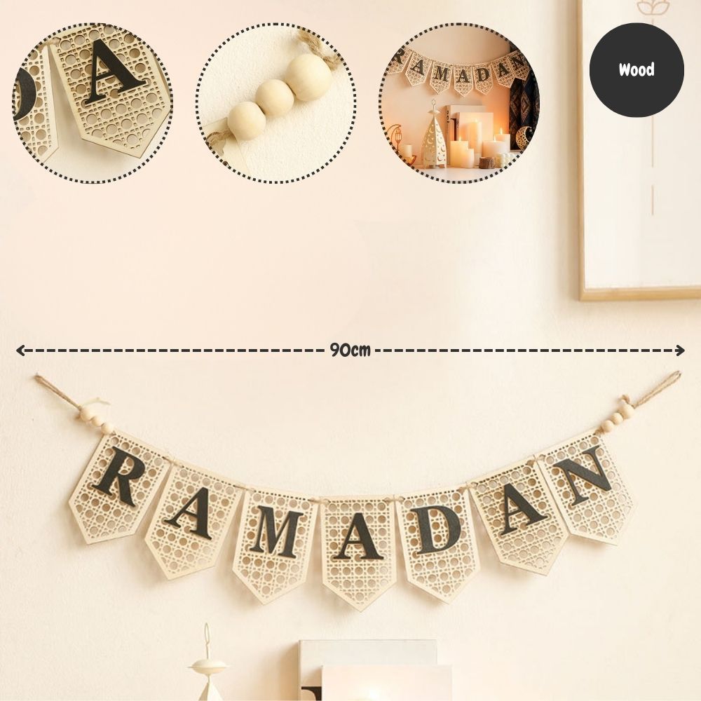 Hari Raya Eid Mubarak Banner Ramadan Wooden Cardstock Burlap Raya Hanging Banner Wall Decoration