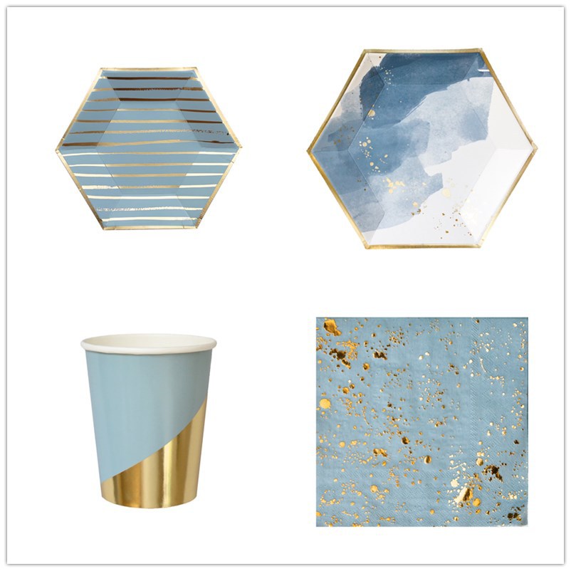 Disposable plates, cups, fork & spoons for parties – Watercolor Blue